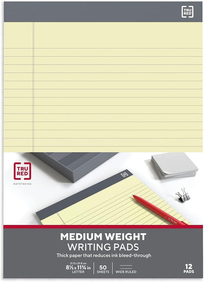 TRU RED Notepads, 8.5” x 11.75”, Wide Ruled, Canary, 50 Sheets/Pad, 12‑Pack