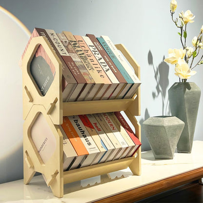 2 Pack Desktop Bookshelf, Stackable Book Organizer with Handle, storage rack for CD/Magazine/File Folder, Portable Small bookshelf for Study, Living room, Kid's room, No Nails, Medium Size