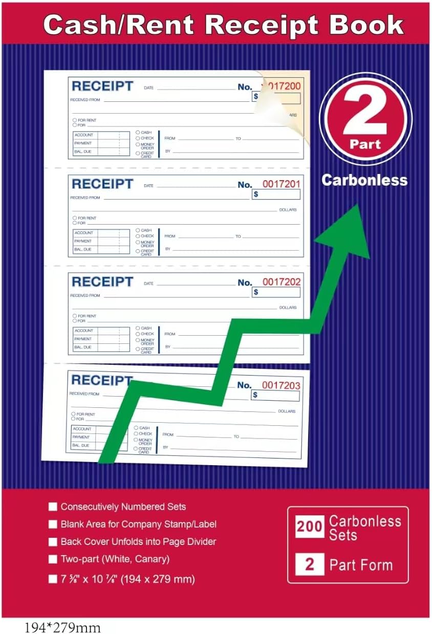 Money and Rent Receipt Book 2-Part Carbonless 7-5/8" x 11" Spiral Bound 200 Sets per Book 4 Receipts per Page(1pack)