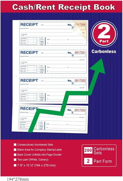 Money and Rent Receipt Book 2-Part Carbonless 7-5/8" x 11" Spiral Bound 200 Sets per Book 4 Receipts per Page(1pack)