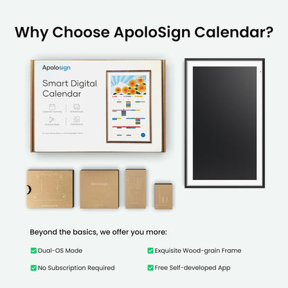Apolosign 21.5-inch Digital Calendar : Dual Mode Smart Wall Planner, No Subscription, Install Apps, Sync Calendars, Electronic Touchscreen Interactive Display for Family Schedules, Chore Chart (Teak)