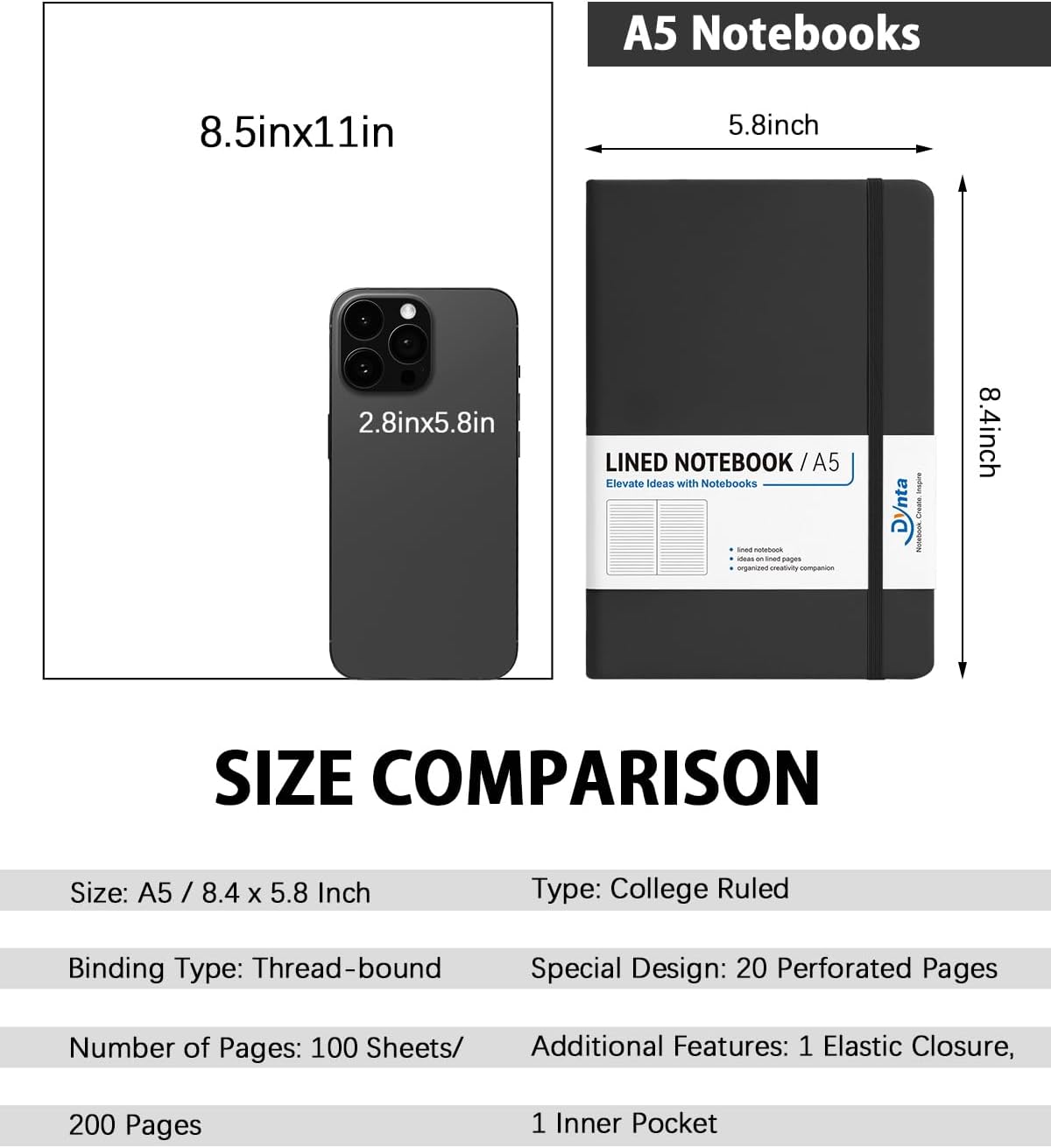 Dynta Hardcover Journal Notebooks, 10 Packs A5 Lined Journals Bulk for Writing 200 Pages/100Sheets, 8.4 x 5.8 inch, 10 Colors Classic Ruled Notebook for Work/Travel/College/Note Taking