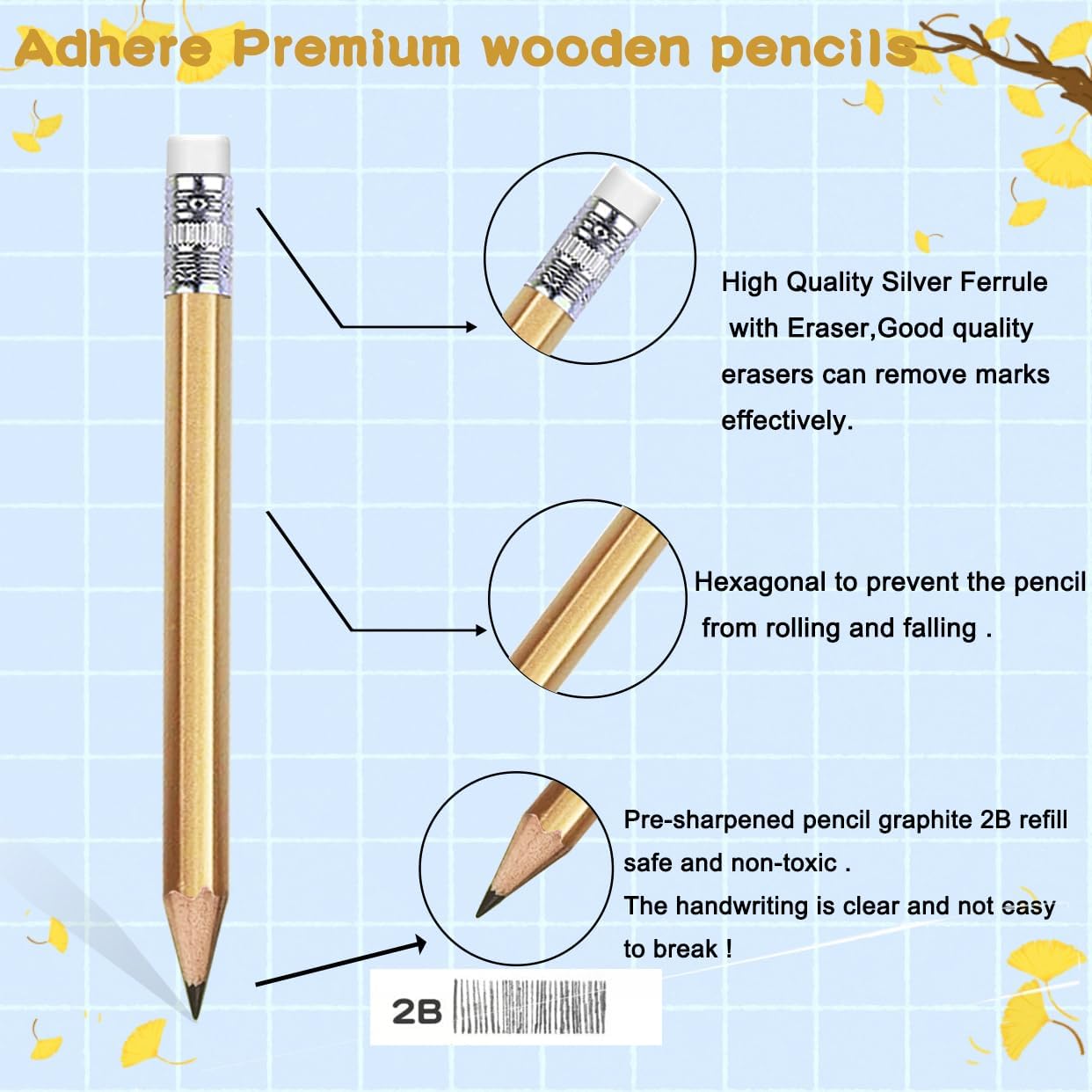 Adhere 25pcs Golf Pencils with Eraser Pre sharpened Hexagon half Wooden Pencils Graphite 2B for Golf Event Scoring,Classroom,Wedding,Company Meetings,Pew, Pocket (Nature)