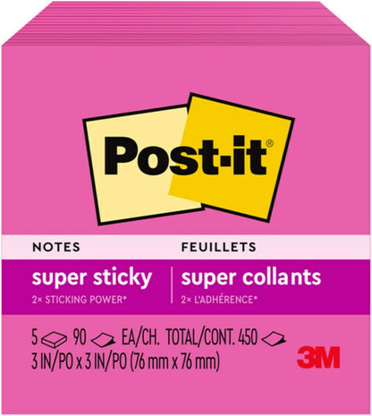 Post-it Super Sticky Notes, 5 Sticky Note Pads, 3 x 3 in., School Supplies, Office Products, for Vertical Surfaces, Monitors, Walls and Windows, First Snow White