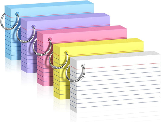 250 Sheets Colored Index Cards with Ring 3 x 5 Inch Heavyweight Ruled Flash Cards, Flashcards with Ring for School & Office Supplies and Home Organization, Durable Study To Do List Lined Note Cards
