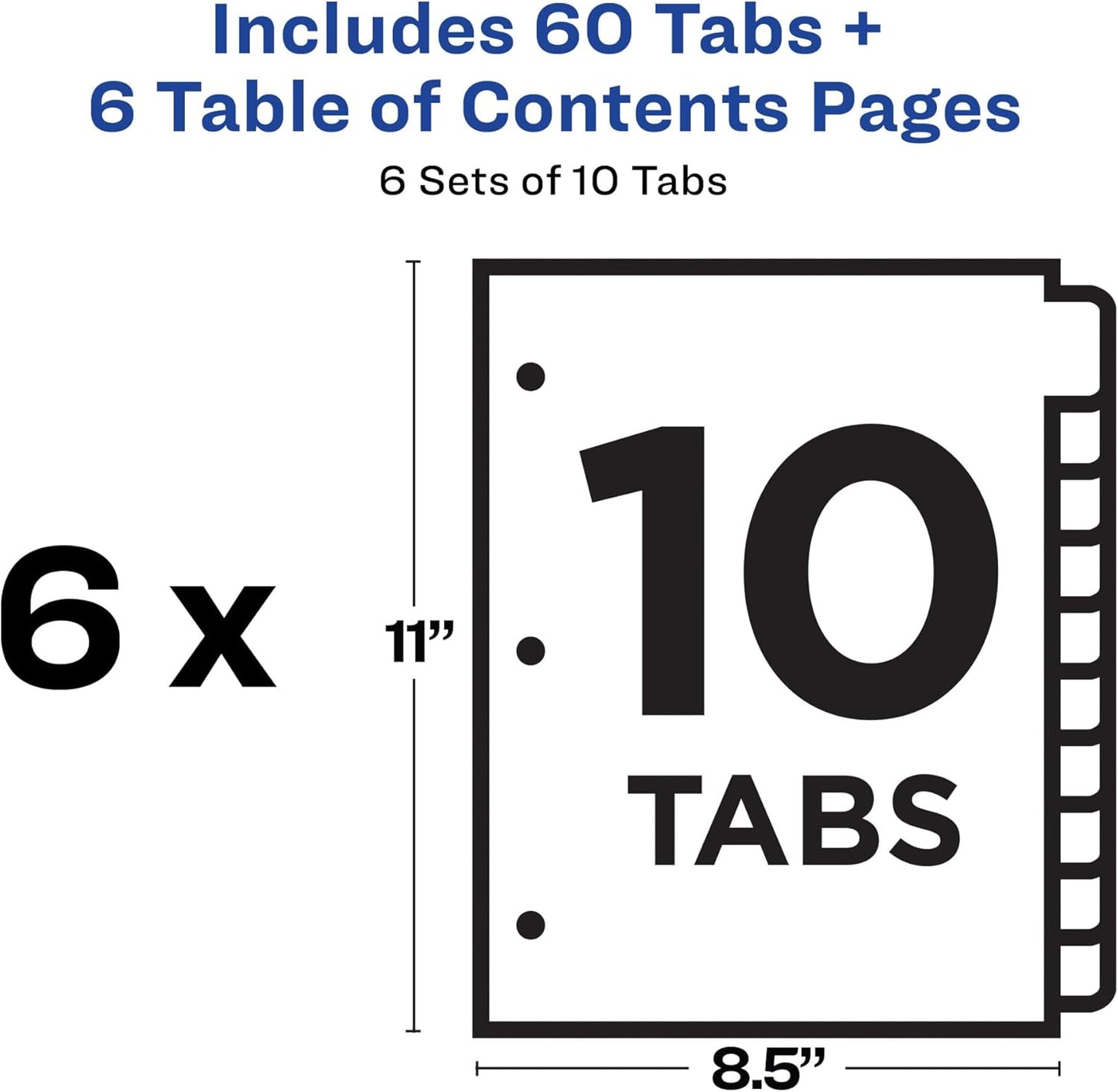 Avery Dividers for 3 Ring Binders, 10 Tabs per Set, Customizable Table of Contents, Classic White Tabs, Great for Organizing Reports, Projects, and More (6 Sets of 11823)