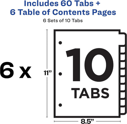 Avery Dividers for 3 Ring Binders, 10 Tabs per Set, Customizable Table of Contents, Classic White Tabs, Great for Organizing Reports, Projects, and More (6 Sets of 11823)