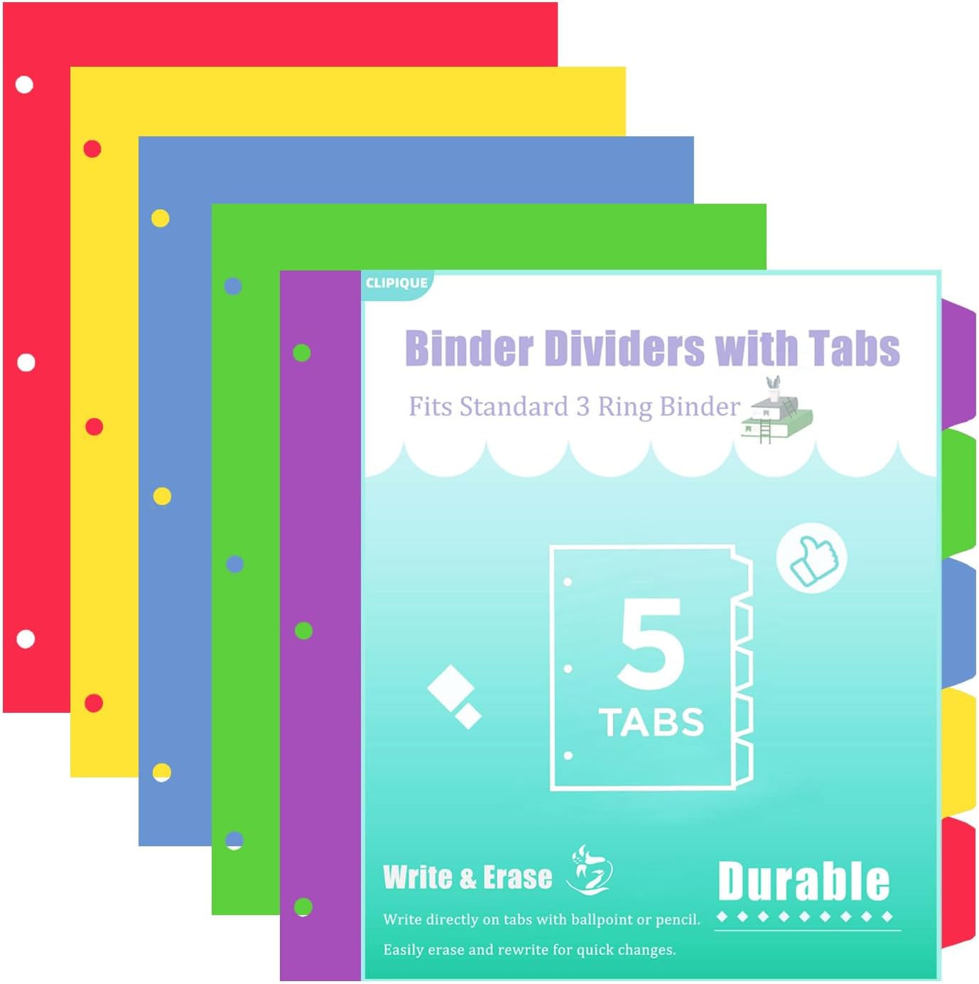 3 Ring Binder Dividers with Tabs - 5-Tab Plastic Dividers for 8.5x11 Binders, Reusable Write & Erase Tabbed Dividers | Rainbow Color 3 Sets, School Classroom Organizer