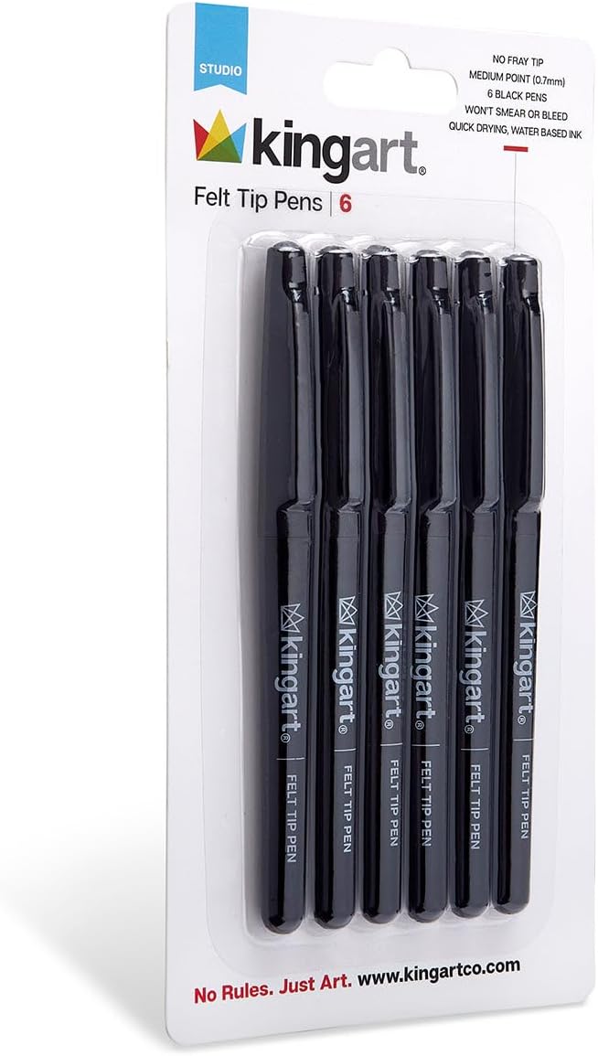 KINGART Studio Felt Tip Pens, 6 Black Ink Markers - 0.7mm Medium Point, Water-Based, Smear-Resistant Pens for Writing, Sketching, and Journaling.