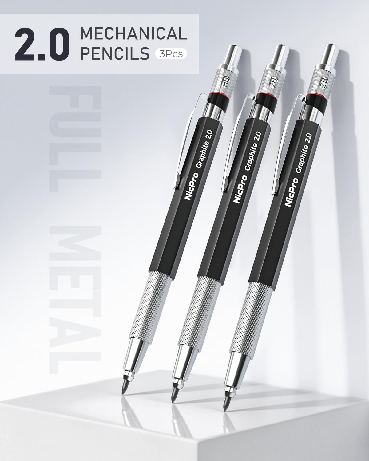 Nicpro 2mm Metal Mechanical Pencil Set with Case, 3PCS Lead Pencil Holder 2.0 mm with 144PCS Lead Refills (4H 2H HB 2B 4B 6B Color), Eraser, Sharpener for Drafting Writing Drawing Sketching