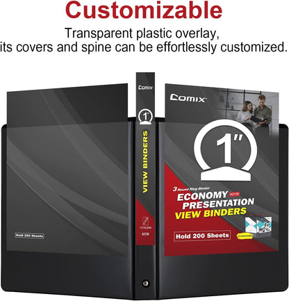 Comix Sturdy Round Ring Binder 3 inch with Clear View Cover, Holds 600 Sheets of US Letter Size Paper, 2 Pack (Black)