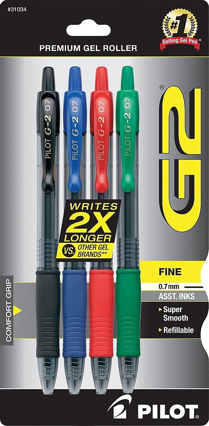PILOT G2 Premium Refillable and Retractable Rolling Ball Gel Pens, Fine Point, Black Ink, 4-Pack (31057)