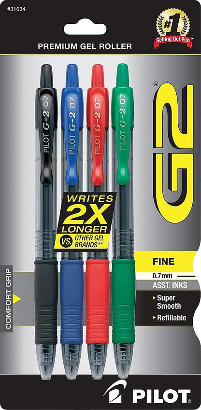 PILOT G2 Premium Refillable and Retractable Rolling Ball Gel Pens, Fine Point, Black Ink, 4-Pack (31057)