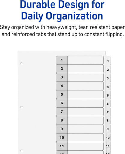 Avery Dividers for 3 Ring Binders, 12 Tabs per Set, Customizable Table of Contents, Classic White Tabs, Great for Organizing Reports, Projects, and More (11140)