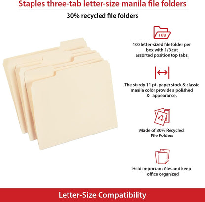 Staples File Folders, Letter Size, 1/3‑Cut Tabs, Purple, Durable 10.5‑Point Paper Stock, 100/Pack