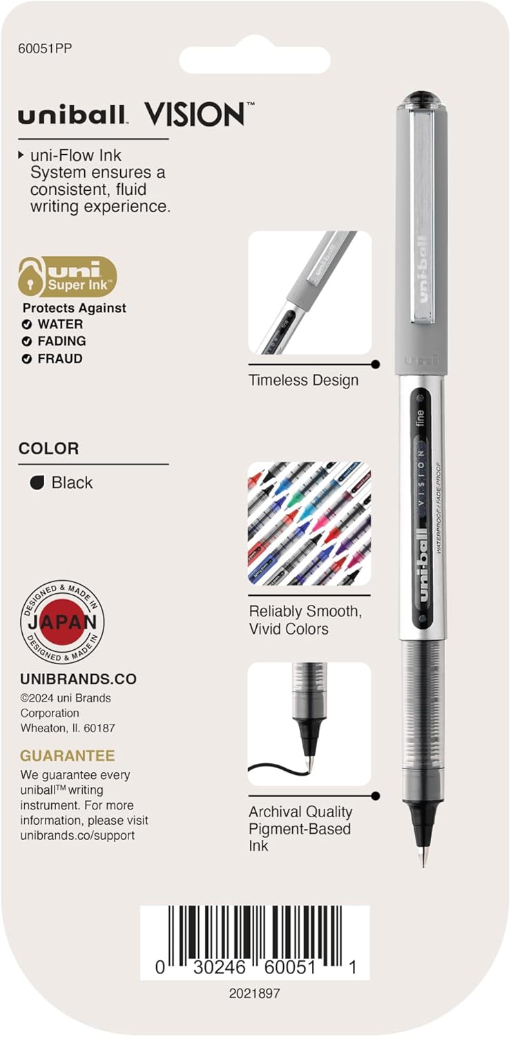 uniball Vision Rollerball Pens, Fine Point (0.7mm), Black, 5 Pack
