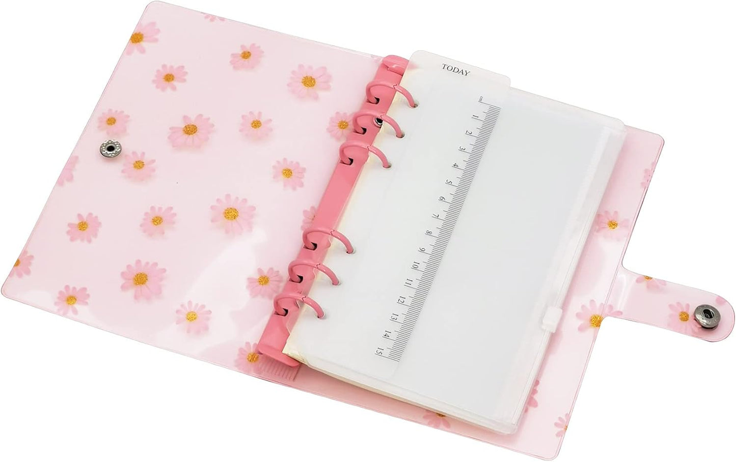A6 A5 6-Holes Colorful PVC Cover Round Ring View Binder with Snap Button Closure File Folder for Loose Leaf Sheet Protectors Notebook Refill (Pink Daisy, A5 Mini Set) - Colors A