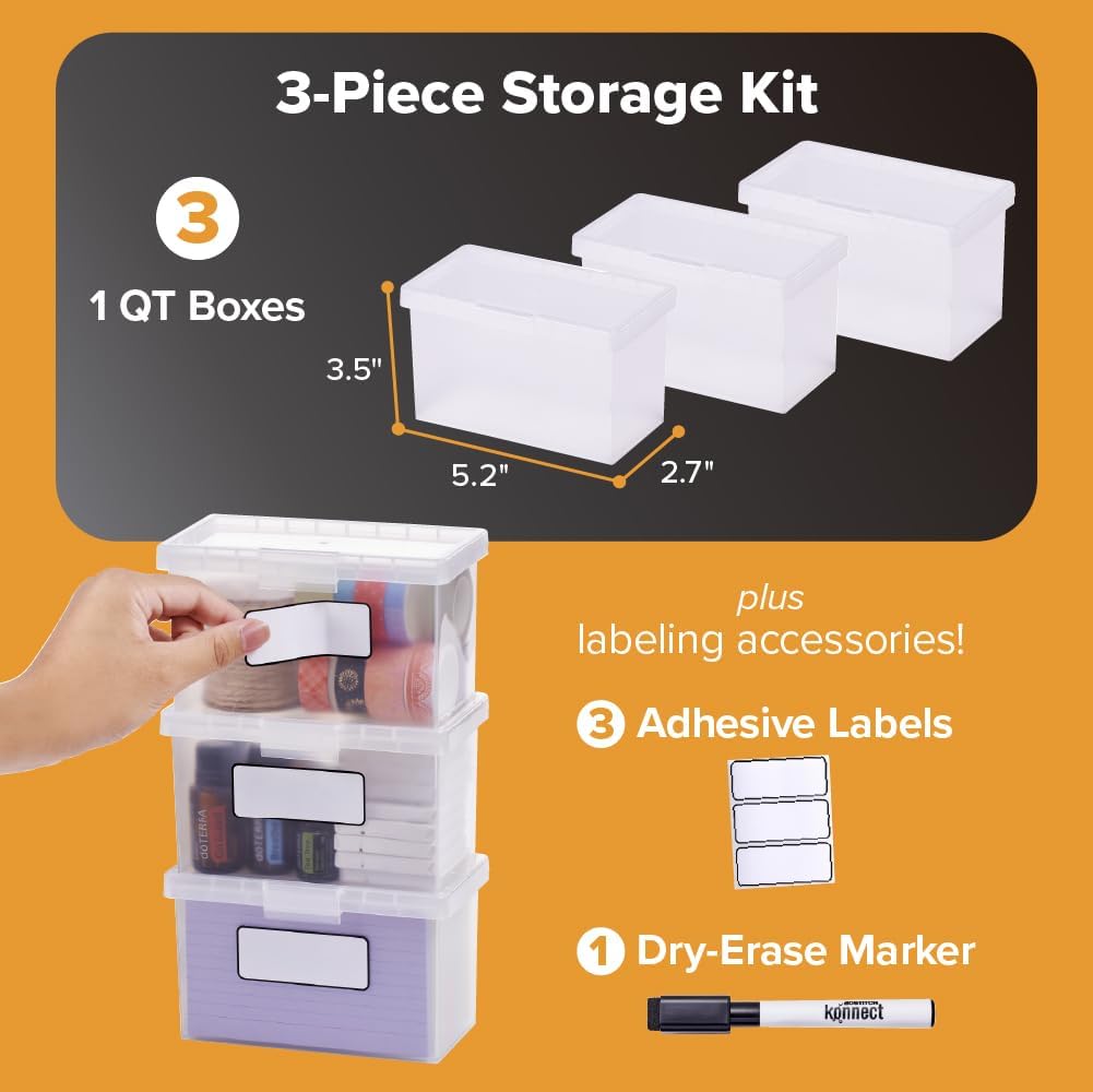 Bostitch Konnect Storage Containers with Lids, Office Organizer, Clear Plastic Box, Stackable for Index Cards, Labels, 1 Qt