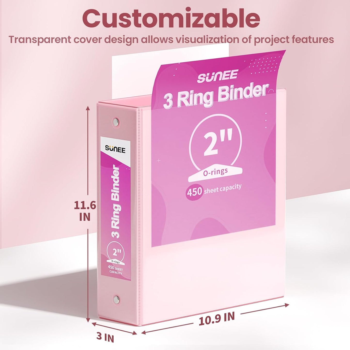 SUNEE 3 Ring Binder 3 Inch 2 Pack, Clear View Binder Three Ring PVC-Free (Fit 8.5x11 Inches) for School or Office Supplies, Pink