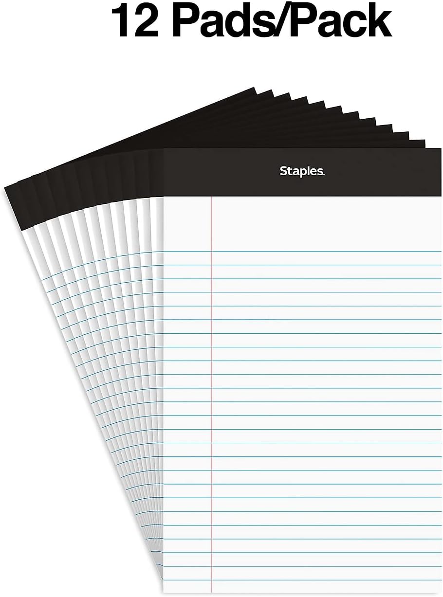 STAPLES Notepads, 5” x 8”, Narrow Ruled, White, 50 Sheets/Pad, 12‑Pack