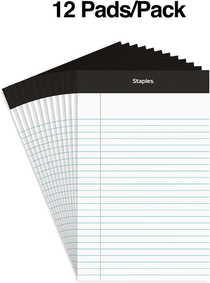 STAPLES Notepads, 5” x 8”, Narrow Ruled, White, 50 Sheets/Pad, 12‑Pack