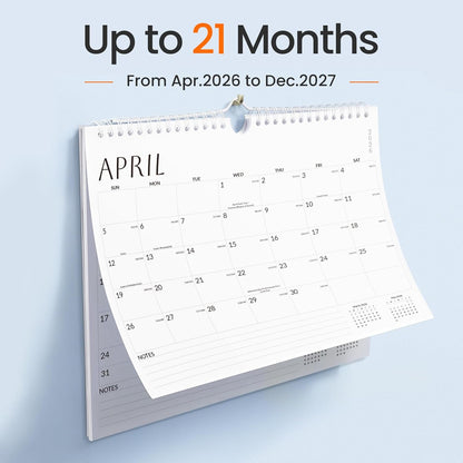 SUNEE Wall Calendar 2026 21 Months Apr. 2026 - Dec. 2027, 14.5"x11.5" Big Grid Hanging Calendar with Note for Organizing & Planning, Monthly Calendar 2026-2027 with Last Month and Next Month, White