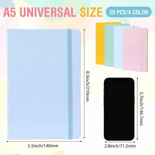 Honoson 20 Pack Lined Journal Notebooks A5 Hardcover Executive Notebook 5.5" x 8.3" PU Leather Wide Ruled Journals Bulk with Elastic Band for Home Business Office School Supplies(Black)