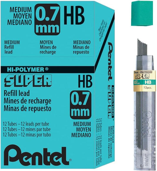 Pentel Super Hi-Polymer Lead Refill, (0.9mm) Thick, HB, 180 Pieces of Lead, 12 Tubes of Lead (50-9-HB)