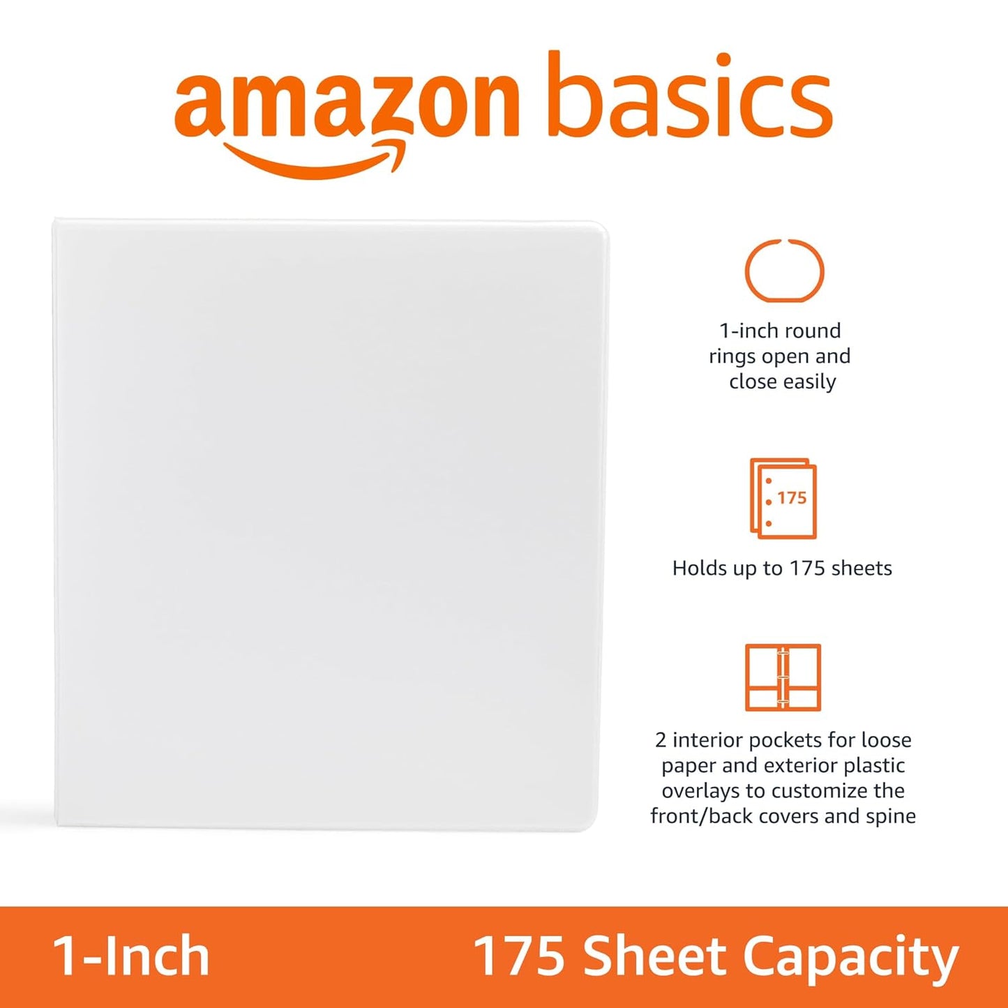 Amazon Basics 3-Ring Binder with Round Rings and Interior Pockets, 1-Inch, White, 4-Pack