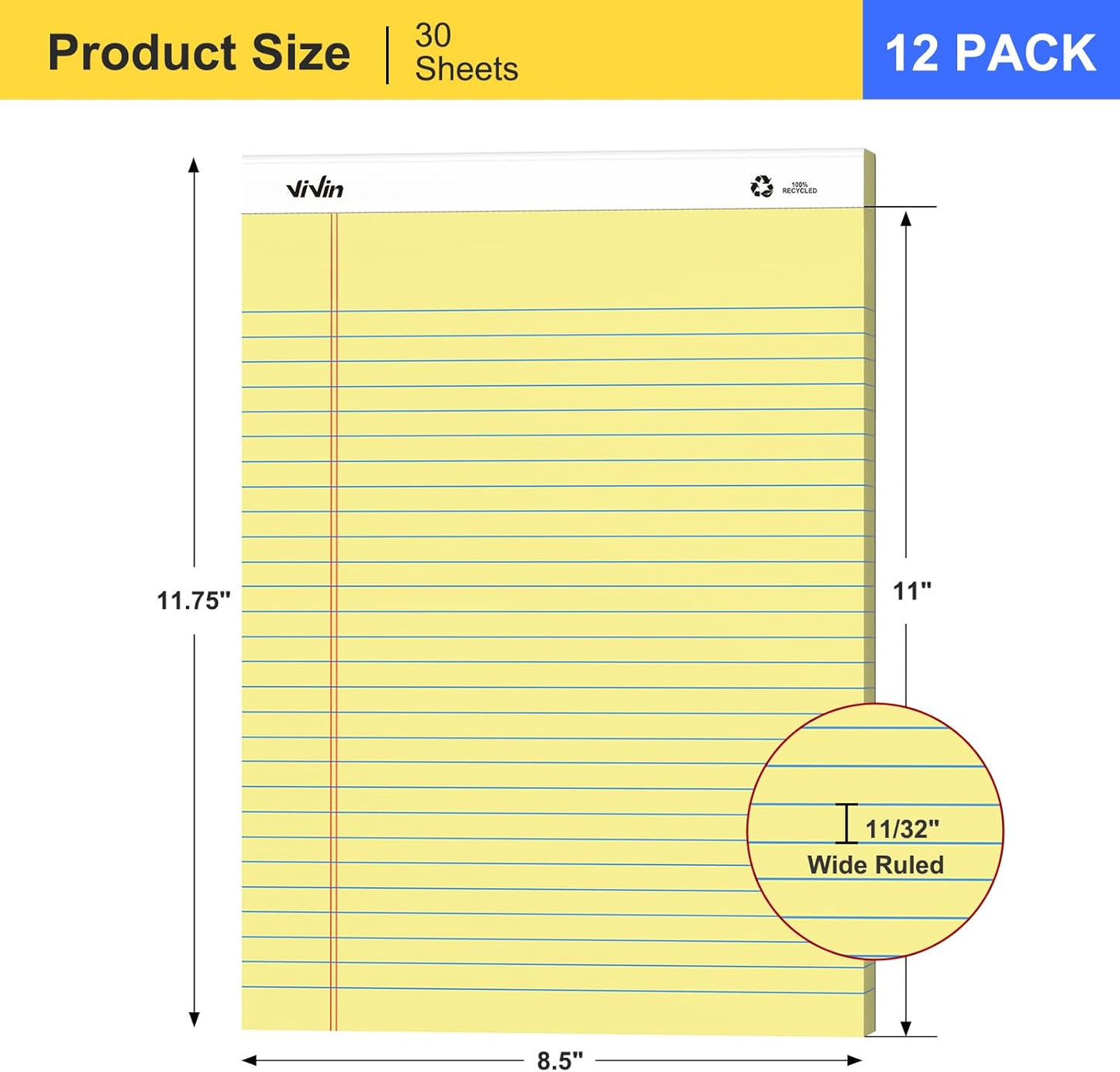 ViVin Legal Pads 8.5 x 11 Inch, Wide Ruled Note Pads, 12 Pack, 50 Sheet/Pad, Perforated Writing Pads, Notepads for Office Home School, 600 Sheets, White Paper