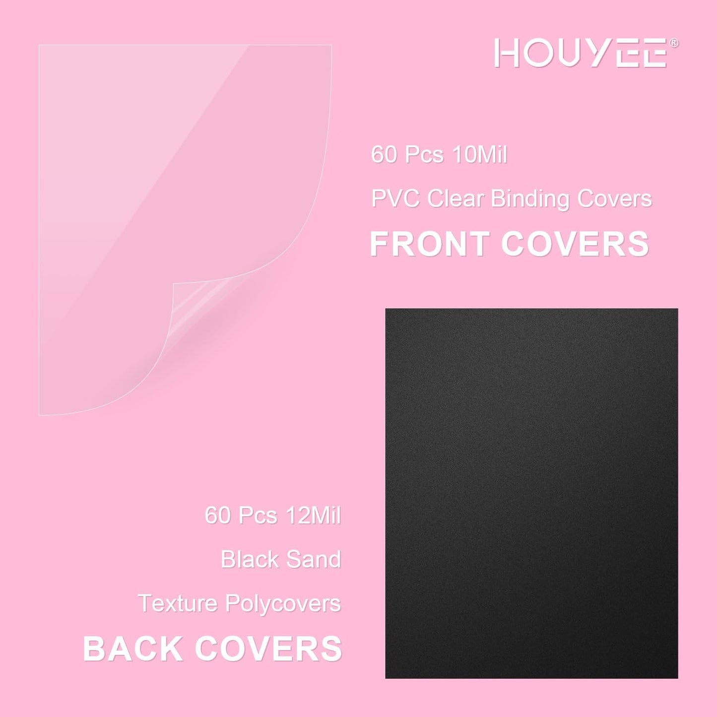 HOUYEE 120 Pack Binding Covers and Backs Set, 8.5x11 Inches, Including 60 Pcs 10 Mil Clear Binding Covers, 60 Pcs 12 Mil Black Plastic Sand Texture Polycovers, Letter Size
