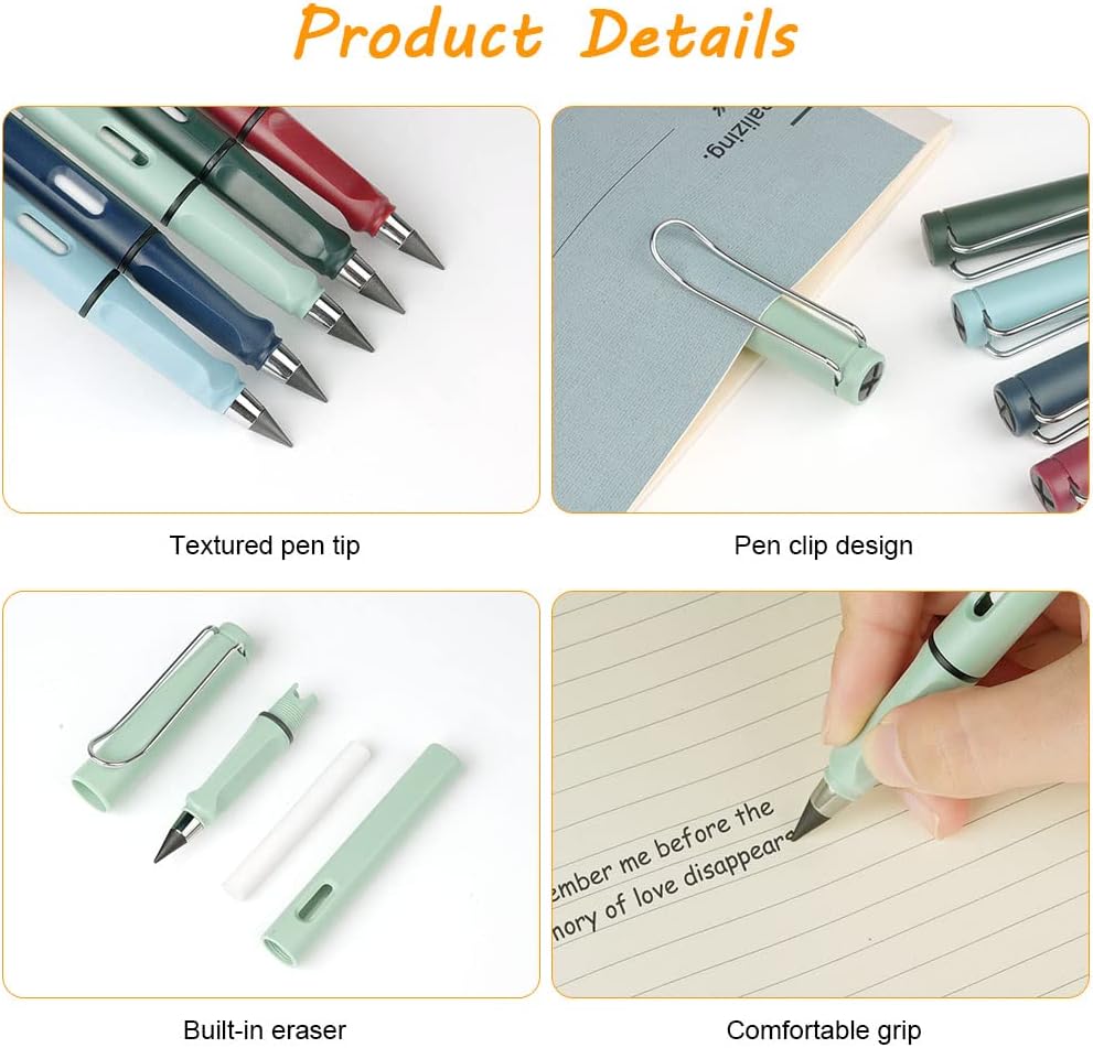 Ainiv Inkless Pencil with Eraser - 5 Sets Infinity Pencil, Reusable with Extra 5 Eraser & 5 Replaceable Nibs for Home, Office & School Writing, Drawing