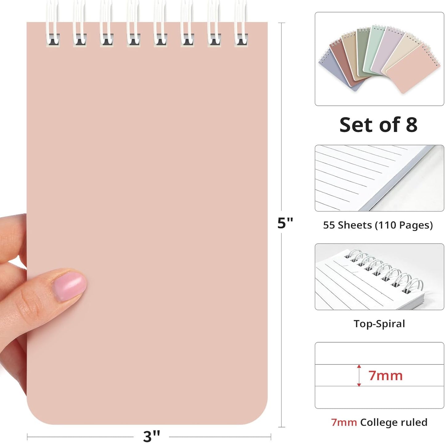 Taja Pocket Small Notebook 3" x 5", Set of 8 Mini Little Spiral Notebook, Nursing Notepad, Perfect for Work, School, Office, Nurse, Travel - Neutral