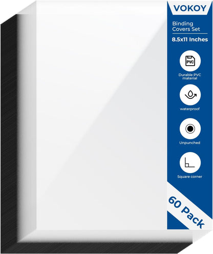 VOKOY 60 Pack 8.5x11 Inches Binding Covers and Backs Set, Letter Size Quality Un-Punched Report Covers, 30 Pcs 10mil Clear Binding Covers 30 Pcs 12mil Black Plastic Covers for Home Office School