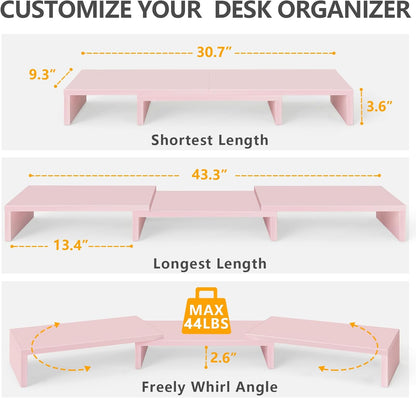 TAVR Dual Monitor Stand Riser Office Desktop Organizer Stand for 2 Monitors, Adjustable Length and Angle 3 Shelf, Extra Long Multifunctional Wooden Stand up to 43.3" fit Computer, Laptop, TV, Black