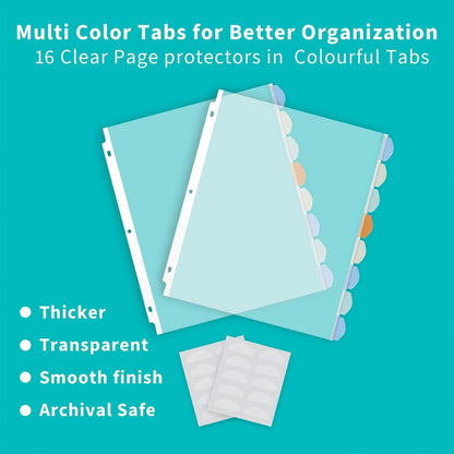 Binditek 128 Pack Heavyduty Clear Sheet Protectors with 8 Tabs, 45 Sheets Capacity, 8.5 x 11 inch Plastic Dividers for 3 Ring Binder, Insertable Index Divider, Letter Size, 16 Set, Label Sticker