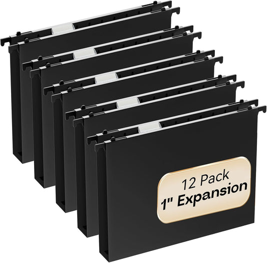 Plastic Hanging File Folders 1 Inch Expansion Letter Size,12 Pack Reinforced Heavy Duty Hang Folder with Tabs,Colored Expandable Hanging Files with Side,File Cabinet Folders for Bulky Files