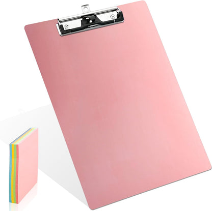 Aluminum Metal Clipboard Stainless Hangable Pen Holder Low-Profile Clip Board Size A4 9" x 12.6" with Sticky Note for School Office Business Medical Professionals Workshop Factory (Pink, Aluminum-A4)