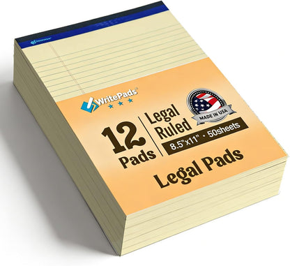 6 Pack Legal Note Pads Wide Ruled 8.5" x 11" Writing Pads (50 Sheets/Pad) White Recycled Paper Micro-Perforated Notepad Hard Back Notepads for Office & School Supplies - Made in USA