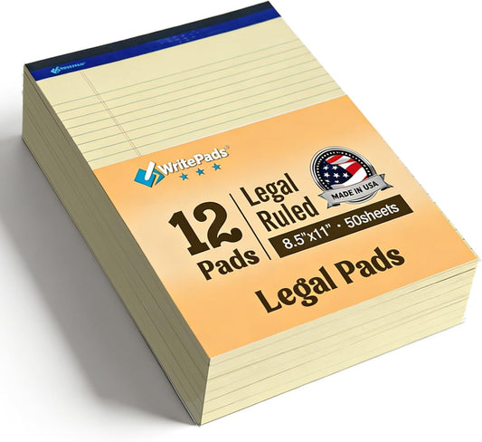 6 Pack Legal Note Pads Wide Ruled 8.5" x 11" Writing Pads (50 Sheets/Pad) White Recycled Paper Micro-Perforated Notepad Hard Back Notepads for Office & School Supplies - Made in USA