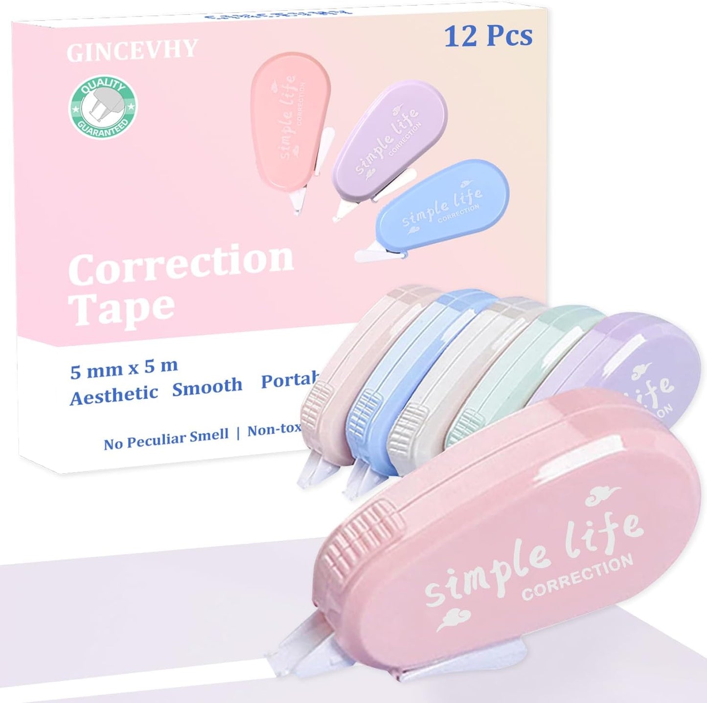 12 Pack Aesthetic Pastel Correction Tape, 0.2 x 197 inch, Instant Corrections, Easy to Use Applicator, White Smooth Pull Out Correction Tape for School, Office, Crafting