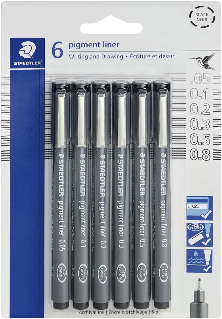 Staedtler Pigment Liner Pack, Black, 8 Pens, Assorted Line Widths, 0.05mm, 0.1mm, 0.2mm, 0.3mm, 0.5mm, 0.8mm, 1.0mm, 1.2mm