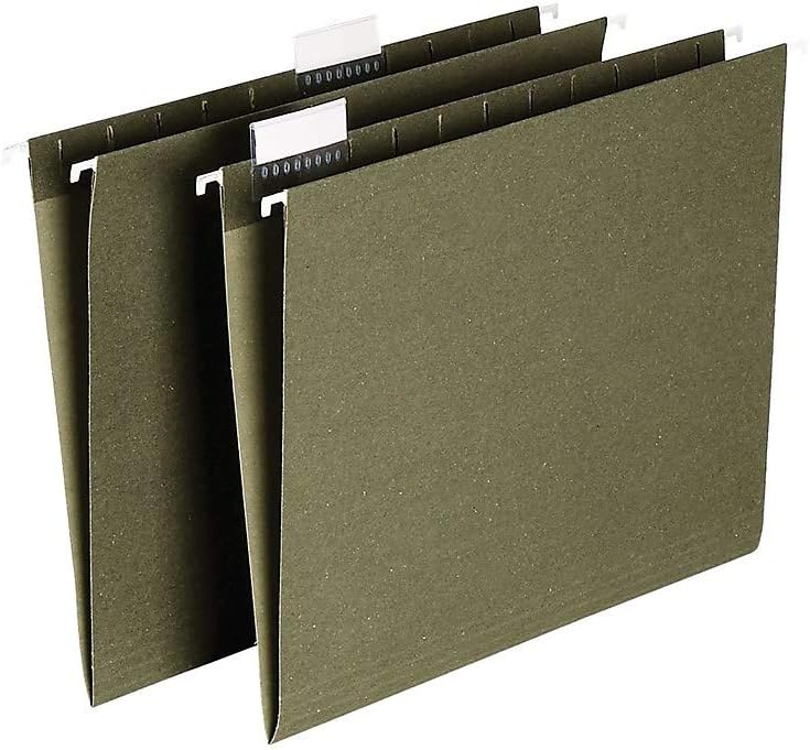 Staples Hanging File Folders, Letter Size, 1/5‑Cut Tabs, Standard Green, Includes Tabs & Paper Inserts – 25/Pack
