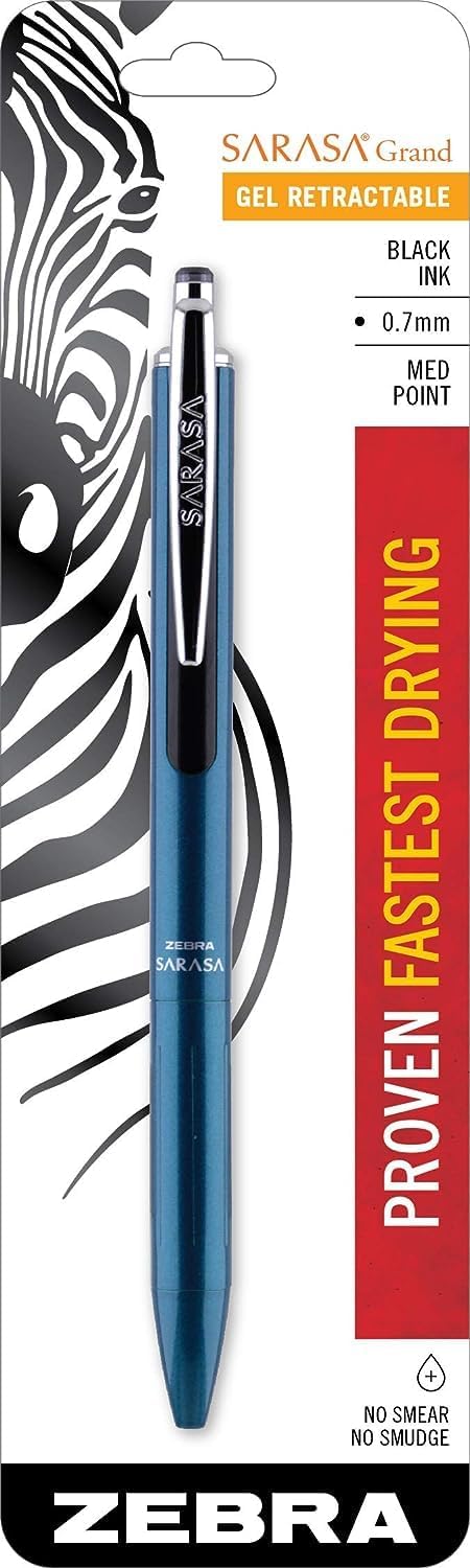 Zebra Pen, SARASA Grand Retractable Gel Pen, Solid Brass Barrel, Fast-Drying Black Ink, 0.7mm Point, Ideal for the Left Handed, Eliminates Smudging, Navy Brass Barrel, 1-Pack, (45211)