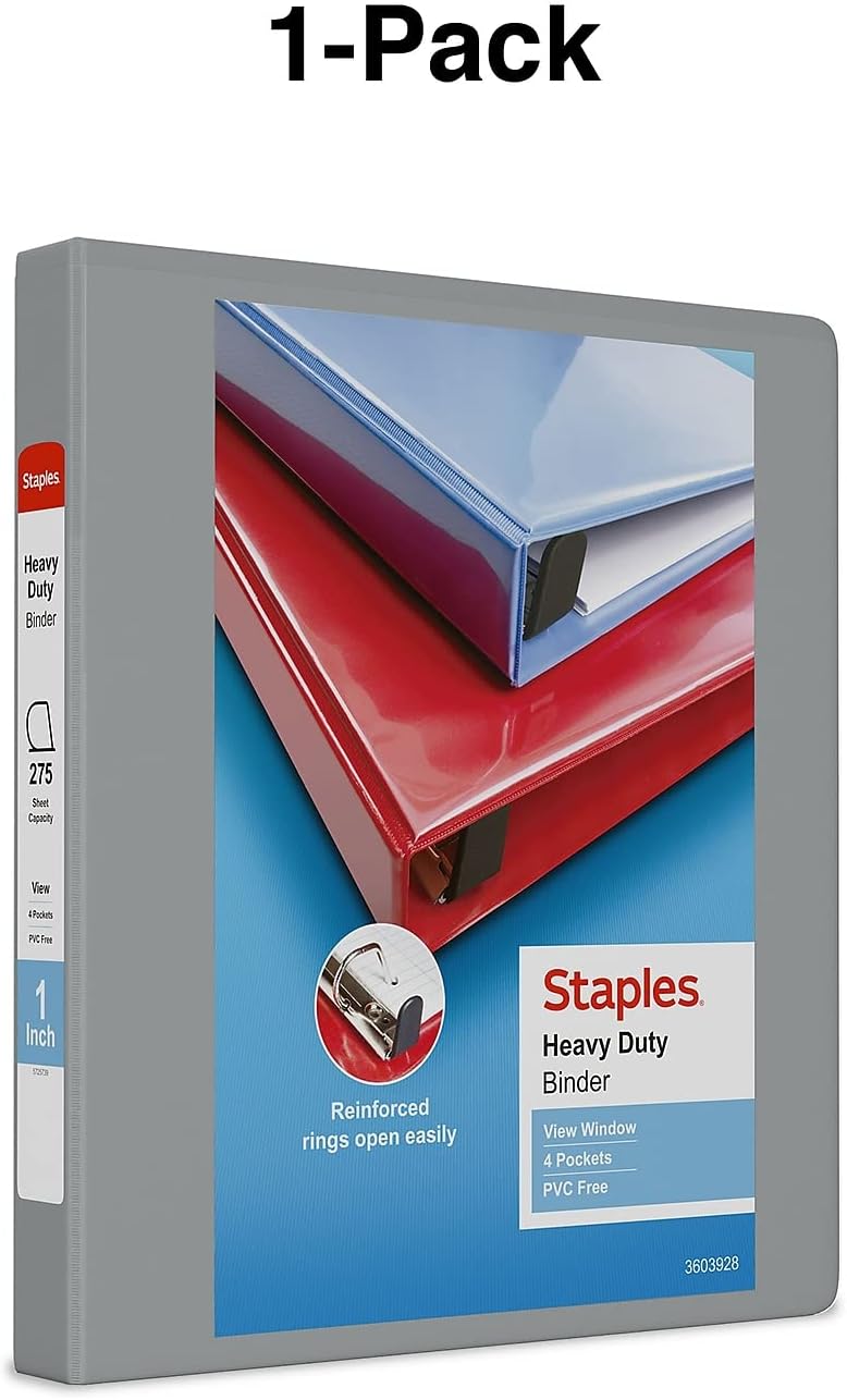Staples Heavy-Duty 2-Inch D-Ring View Binder, Reinforced Spine, Holds Up to 450 Sheets, Gray, for Office & School