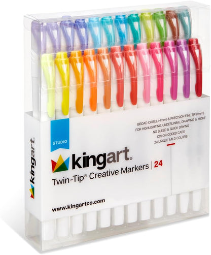 KINGART Studio Twin-Tip Highlighters (24 Unique Soft Pastel Colors). Double-Ended: Broad Chisel & Fine Tips. Quick-Dry, No-Bleed Water-Resistant Ink for Journaling/Art.
