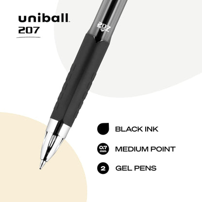 uniball 207 Retractable Gel Pens, Medium Point (0.7mm), Black, 2 Pack