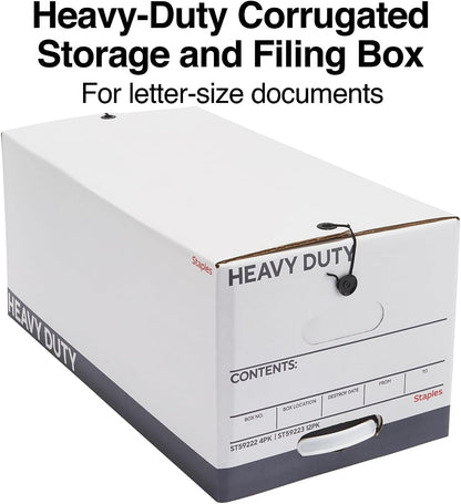 STAPLES Storage & Filing Box, Heavy-Duty with Handles & String-Button Lid, Letter Size Documents, Stackable, 4-Pack, White/Gray