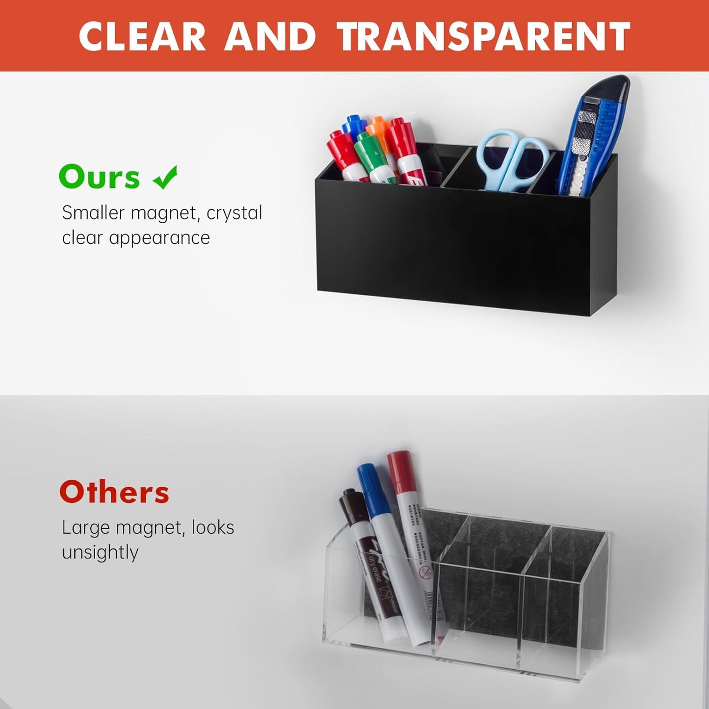Magnetic Dry Erase Marker Holder, Acrylic Magnet Pen Holder for Whiteboard, Refrigerator, Magnetic Fridge Organizer for Office, Classroom, Whiteboard Maker Holder, Locker Organizer