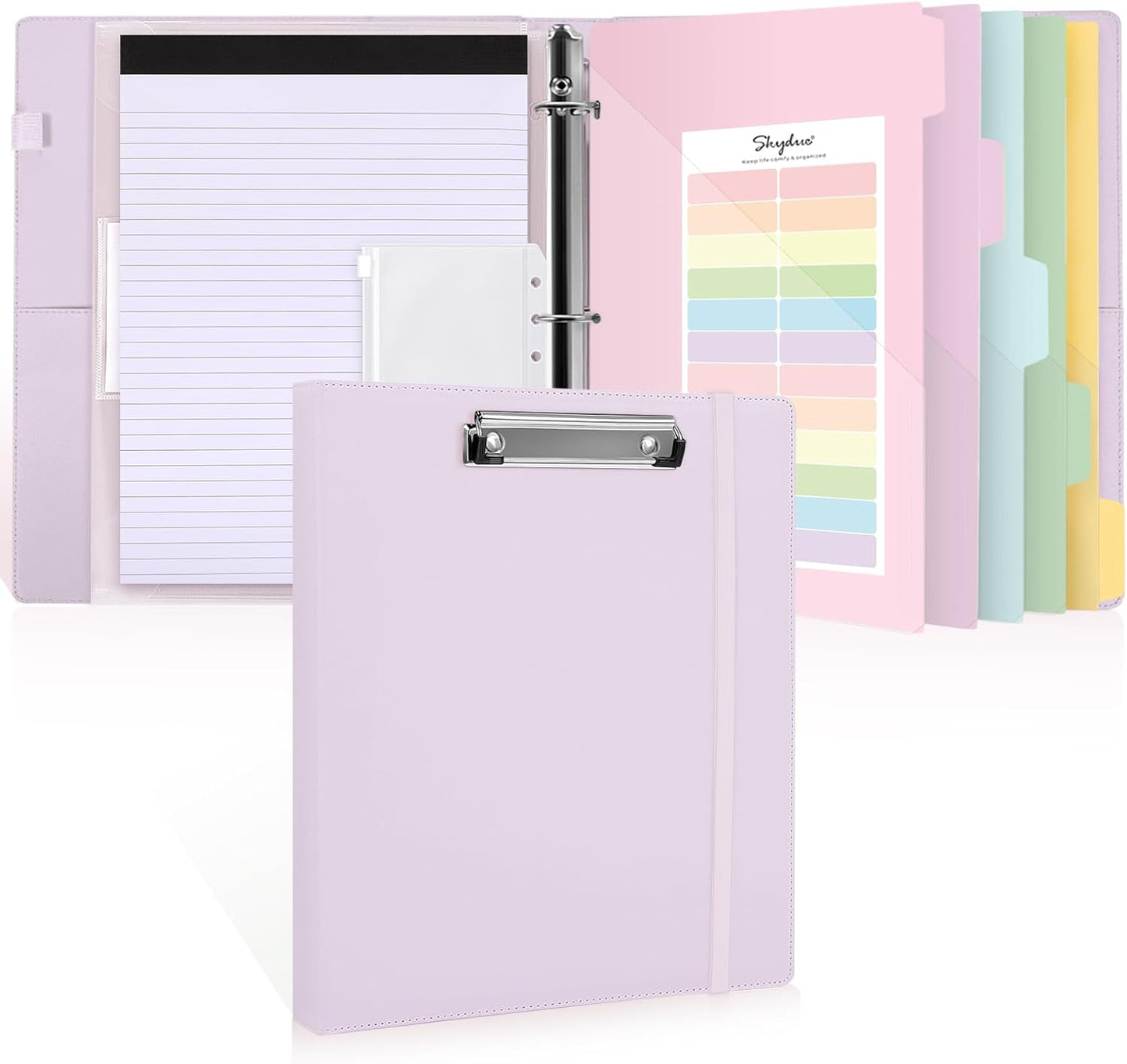 SKYDUE 3 Ring Binder with Clipboard,1 Inch Binder, 13.2" × 10.2" PU Clipboard Binder with Notepad & 5 Dividers with 5 Pockets, Labels, Clipboard Folder Great for School Office(Fit Letter Sized Paper)